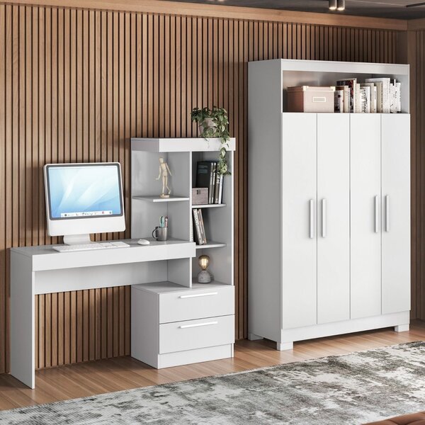 Conjunto 2 Peças Com Mesa Escrivaninha E Armário 4 Portas Com