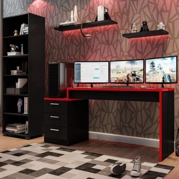 Conjunto 2 Peças Mesa Escrivaninha Gamer E Estante 5 Pratelei