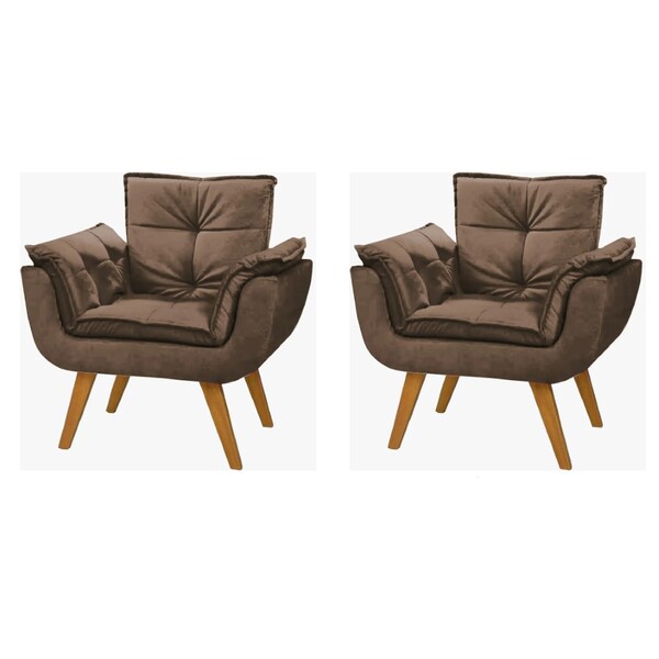 Conjunto 2 Poltrona Opalla Base Palito  01 Lugar Suede Marrom