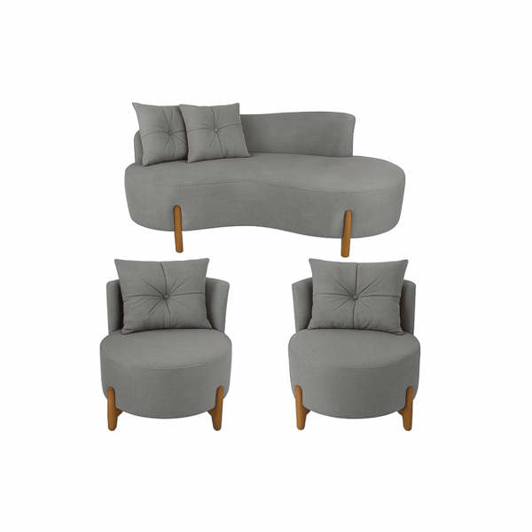 Conjunto 2 Poltronas + Sofá Curvo Orgânico Boucle Cinza - Mon