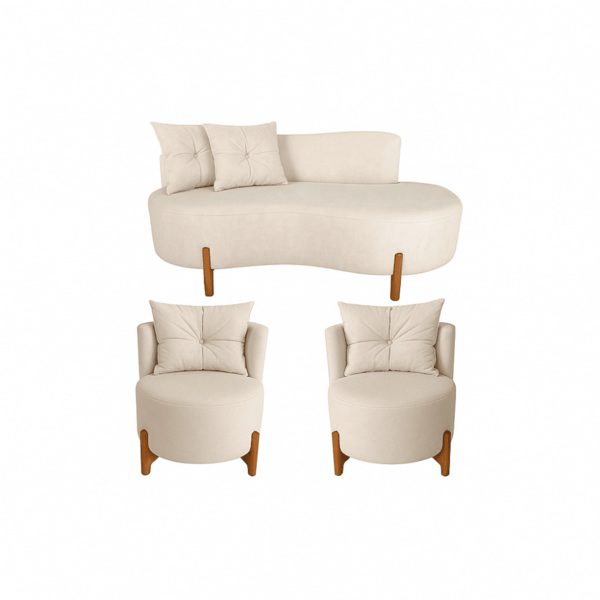 Conjunto 2 Poltronas + Sofá Curvo Orgânico Luna Boucle Bege -