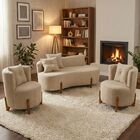 Conjunto 2 Poltronas + Sofá Curvo Orgânico Luna Boucle Bege -