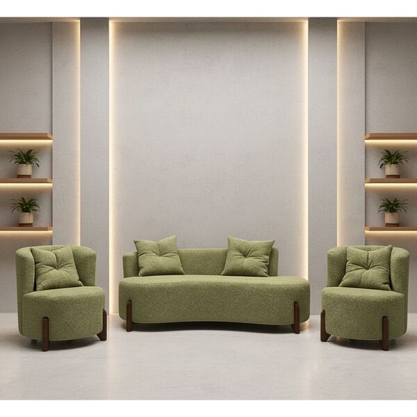 Conjunto 2 Poltronas + Sofá Curvo Orgânico Luna Boucle Pés De