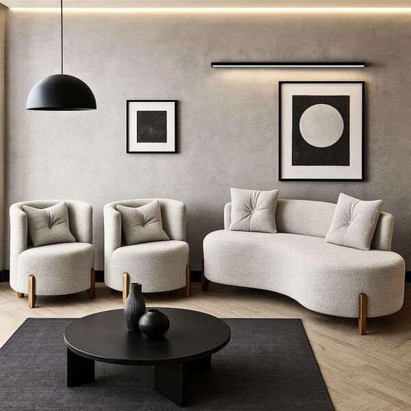 Conjunto 2 Poltronas + Sofá Curvo Orgânico Luna Boucle Pés De