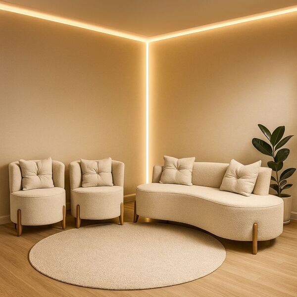 Conjunto 2 Poltronas + Sofá Curvo Orgânico Luna Boucle Pés De