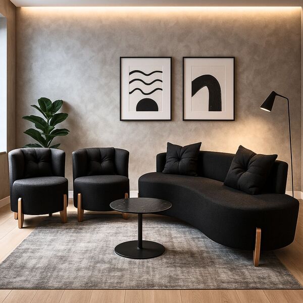 Conjunto 2 Poltronas + Sofá Curvo Orgânico Luna Boucle Preto