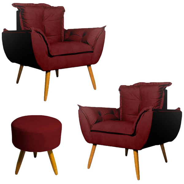 Conjunto 2 Poltronas Decorativa Opala E Puff Rendondo Pés Pal