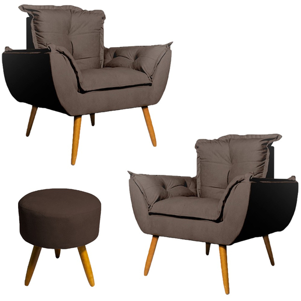 Conjunto 2 Poltronas Decorativa Opala E Puff Rendondo Pés Pal