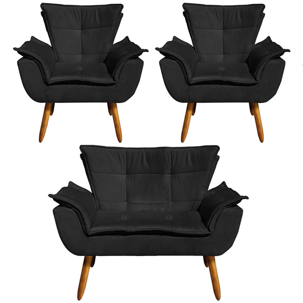 Conjunto 2 Poltronas E 1 Namoradeira Pés Palito Charger Suede