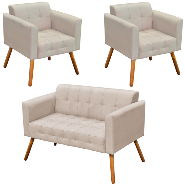 Conjunto 2 Poltronas E 1 Namoradeira Pés Palito Karen Suede B