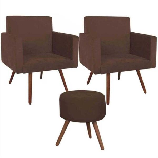 Conjunto 2 Poltronas E 1 Puff Redondo Pés Palito Marrom