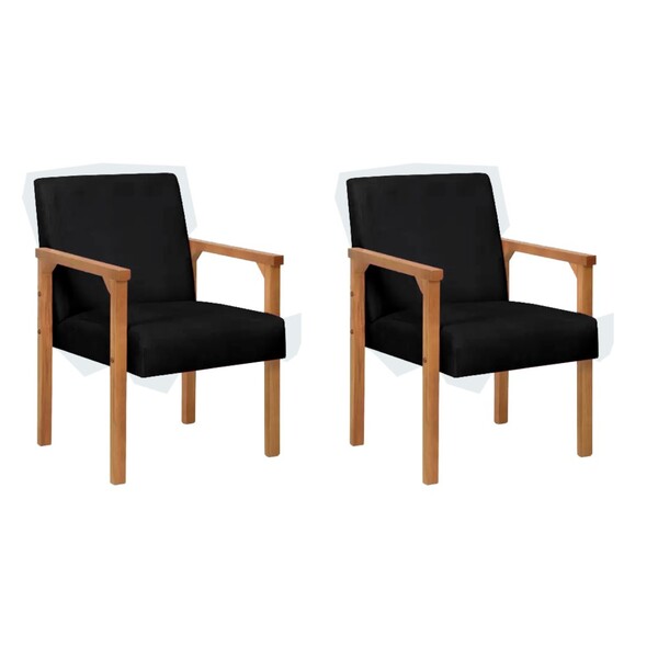 Conjunto 2 Poltronas Lunna  Braço Madeira Suede Preto