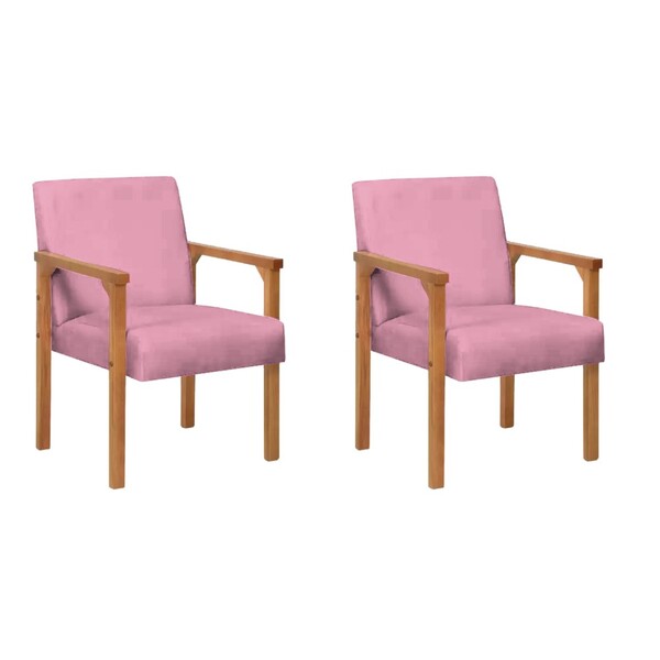Conjunto 2 Poltronas Lunna  Braço Madeira Suede Rosa