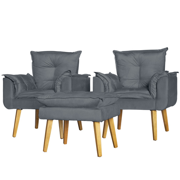 Conjunto 2 Poltronas Para Sala Decorativa E Puff Opala Suede