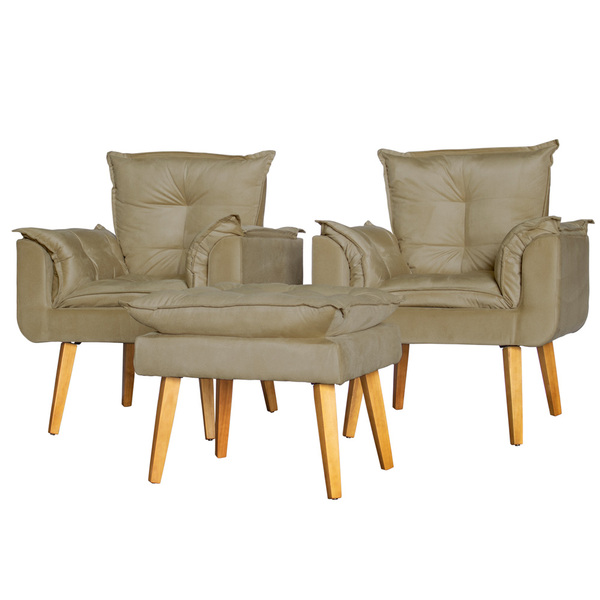 Conjunto 2 Poltronas Para Sala Decorativa E Puff Opala Suede