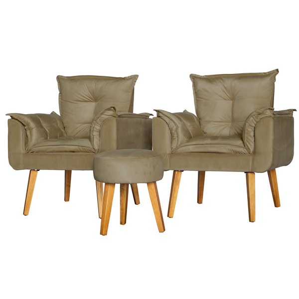 Conjunto 2 Poltronas Para Sala Decorativa Opala E Puff Redond