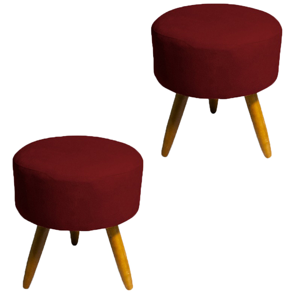 Conjunto 2 Puffs Decorativo Redondo Pés Palito Suede Bordô Pp
