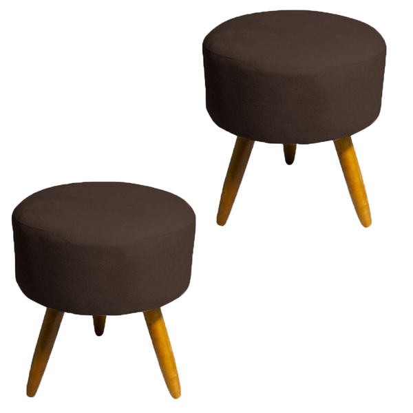 Conjunto 2 Puffs Decorativo Redondo Pés Palito Suede Marrom P