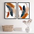 Conjunto 2 Quadros Abstratos Arte Azul Terracota 33x24cm Mold
