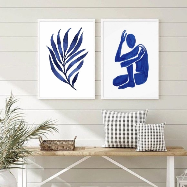 Conjunto 2 Quadros Azul Marinho Abstrato Folha homem 45x34cm
