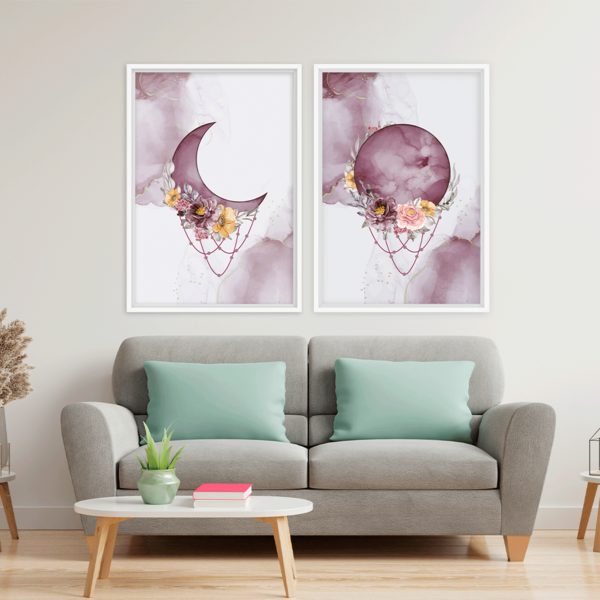 Conjunto 2 Quadros Com Moldura Lua E Flores
