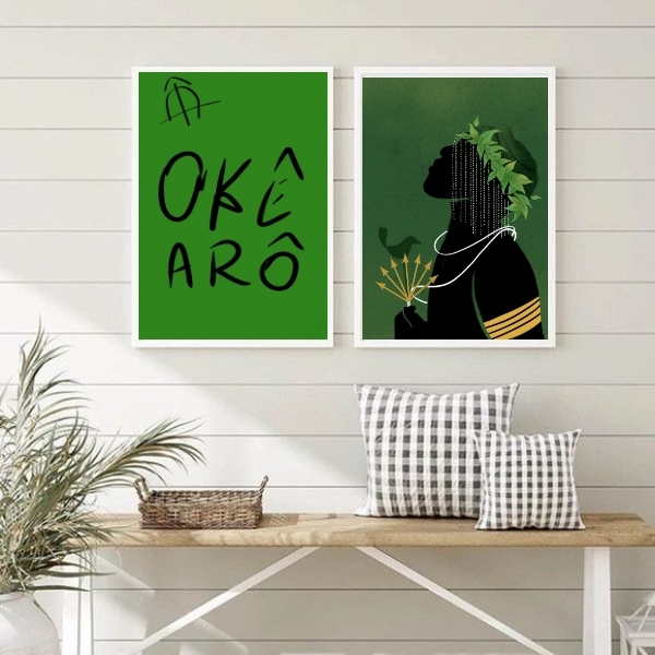 Conjunto 2 Quadros Decorativos Okê Arô oxóssi 33x24cm - Com V