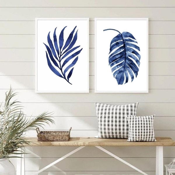 Conjunto 2 Quadros Minimalistas Folhas Azuis aquarela 45x34cm