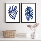 Conjunto 2 Quadros Minimalistas Folhas Azuis aquarela 45x34cm