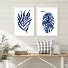 Conjunto 2 Quadros Minimalistas Folhas Azuis aquarela 45x34cm