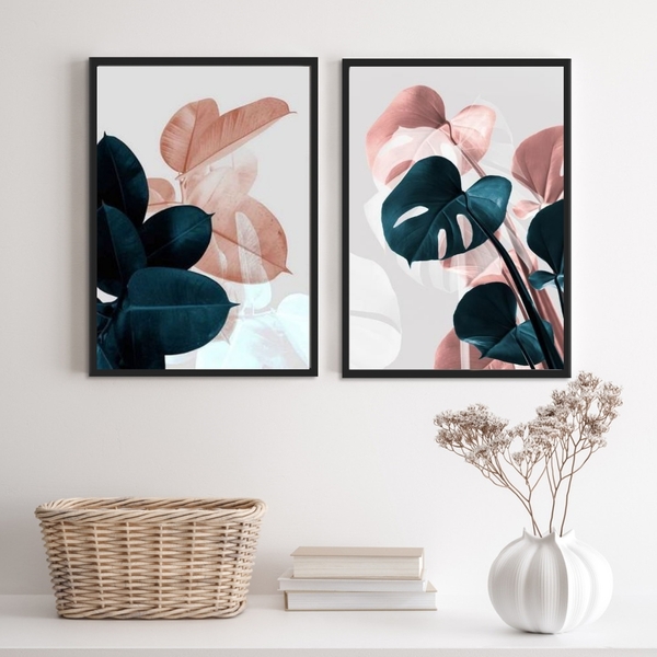 Conjunto 2 Quadros Modernos Folhas Petróleo rosê 33x24cm Mold
