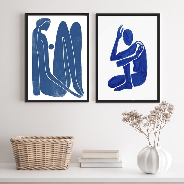 Conjunto 2 Quadros Nú Artístico Abstrato azul 33x24cm - Com V