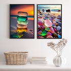 Conjunto 2 Quadros Praia Pedras Coloridas 45x34cm - Com Vidro