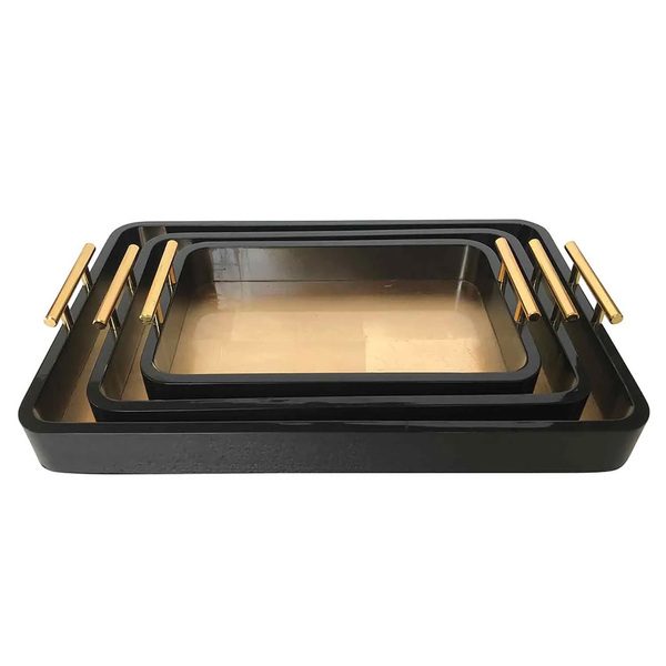 Conjunto 3 Bandejas Decorativas De Madeira Preta Com Alça Dou