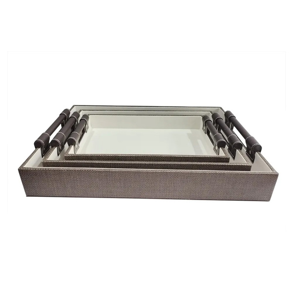 Conjunto 3 Bandejas Decorativas Em Madeira E Couro Sintético