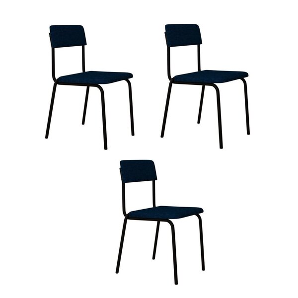 Conjunto 3 Cadeiras Estofadas Fixa Empilhável Fit Azul Corrie