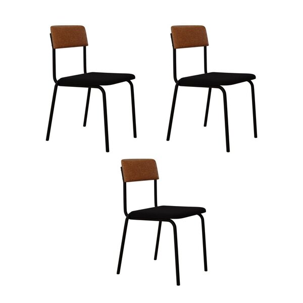 Conjunto 3 Cadeiras Estofadas Fixa Empilhável Fit Preto /cara