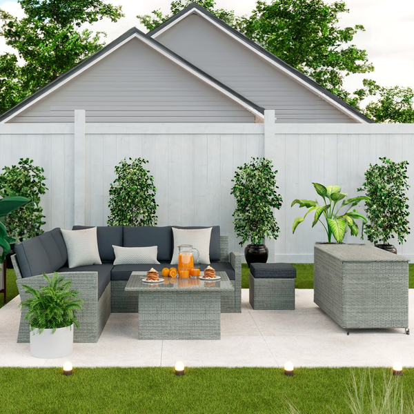 Conjunto 3 em 1 com Mesa, Sofá e Baú Rattan Davos Cinza Naterial