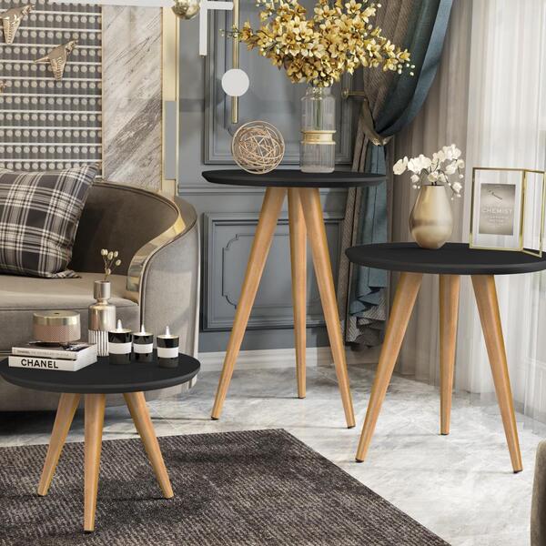 Conjunto 3 Mesas Apoio Lateral Centro Pés Palito Conico Inver