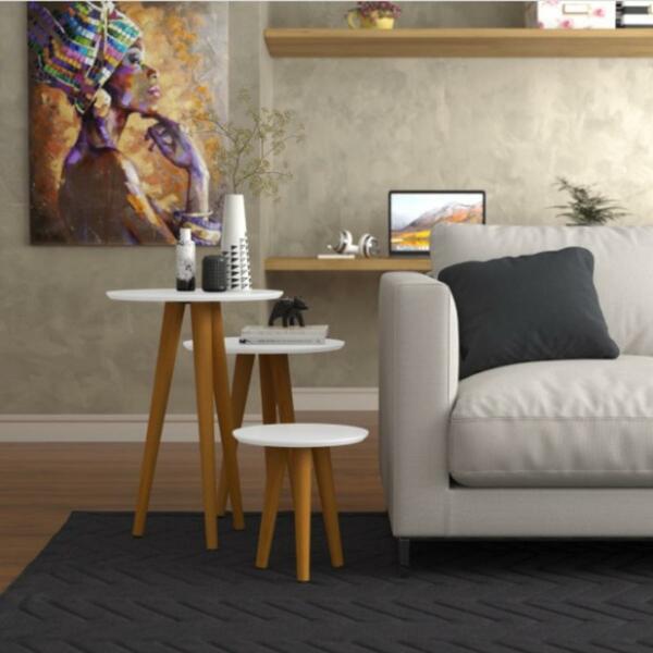 Conjunto 3 Mesas Laterais Pés Palito Em Madeira 4305 Sala Bra