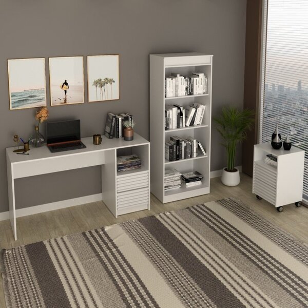 Conjunto 3 Peças 1 Mesa Para Escritório 1 Gaveteiro 1 Estante