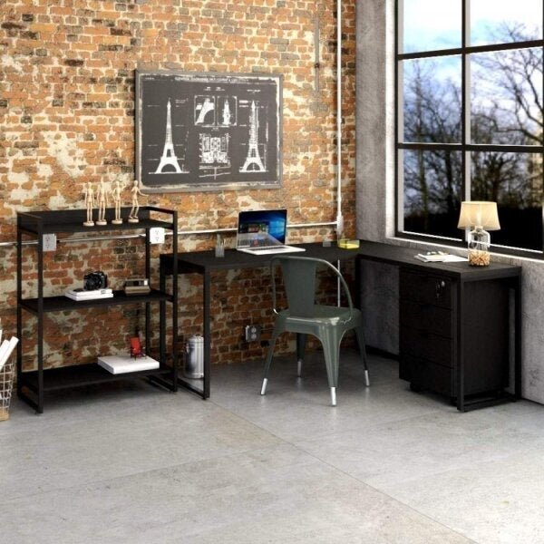 Conjunto 3 Peças Com Mesa Para Escritório Em L, Estante E Gav
