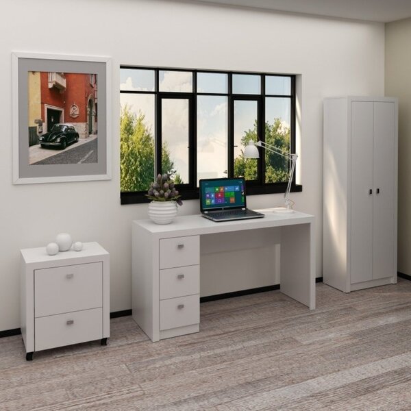 Conjunto 3 Peças Escrivaninha, Armário Multiuso Alto 2 Portas