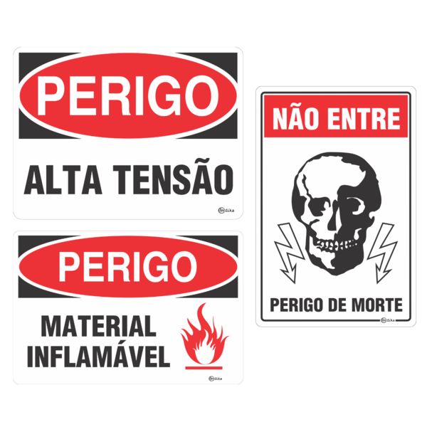 Conjunto 3 Placas Sinalização Adesiva Perigo Morte Alta Tensã