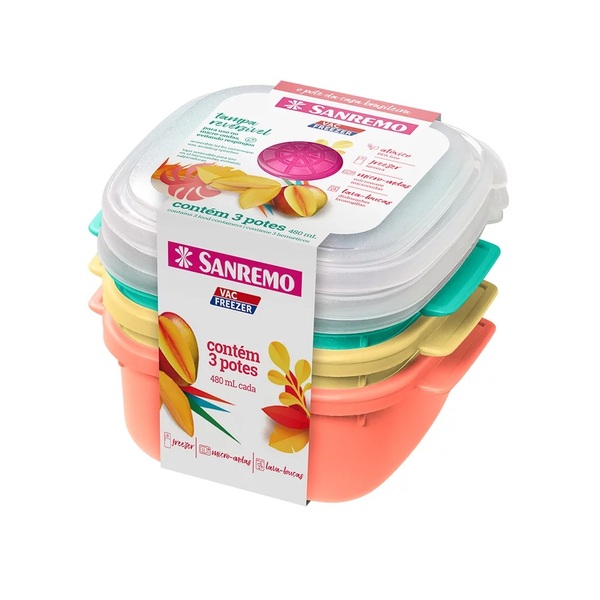 Conjunto 3 Potes Coloridos Com Tampa 480ml Plástico Sanremo