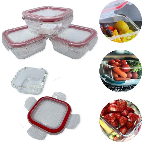 Conjunto 3 Potes Vidro Tampa Hermética 170 Ml Formato Quadrado