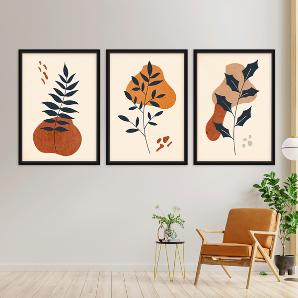 Conjunto 3 Quadros Com Moldura Flor Abstrata