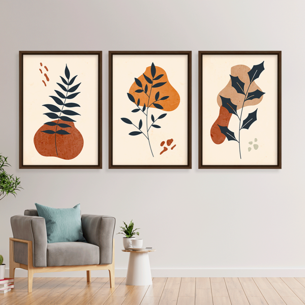 Conjunto 3 Quadros Com Moldura Flor Abstrata