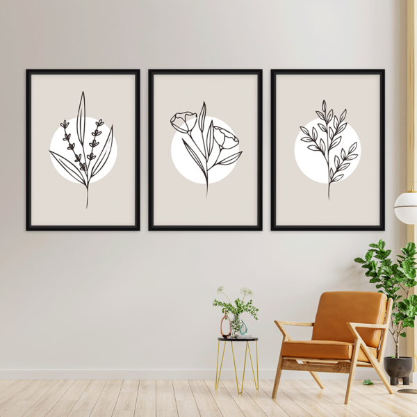 Conjunto 3 Quadros Com Moldura Flor Minimalista