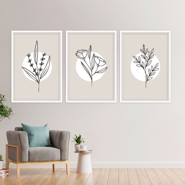 Conjunto 3 Quadros Com Moldura Flor Minimalista