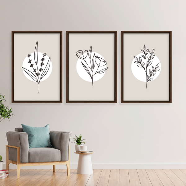 Conjunto 3 Quadros Com Moldura Flor Minimalista